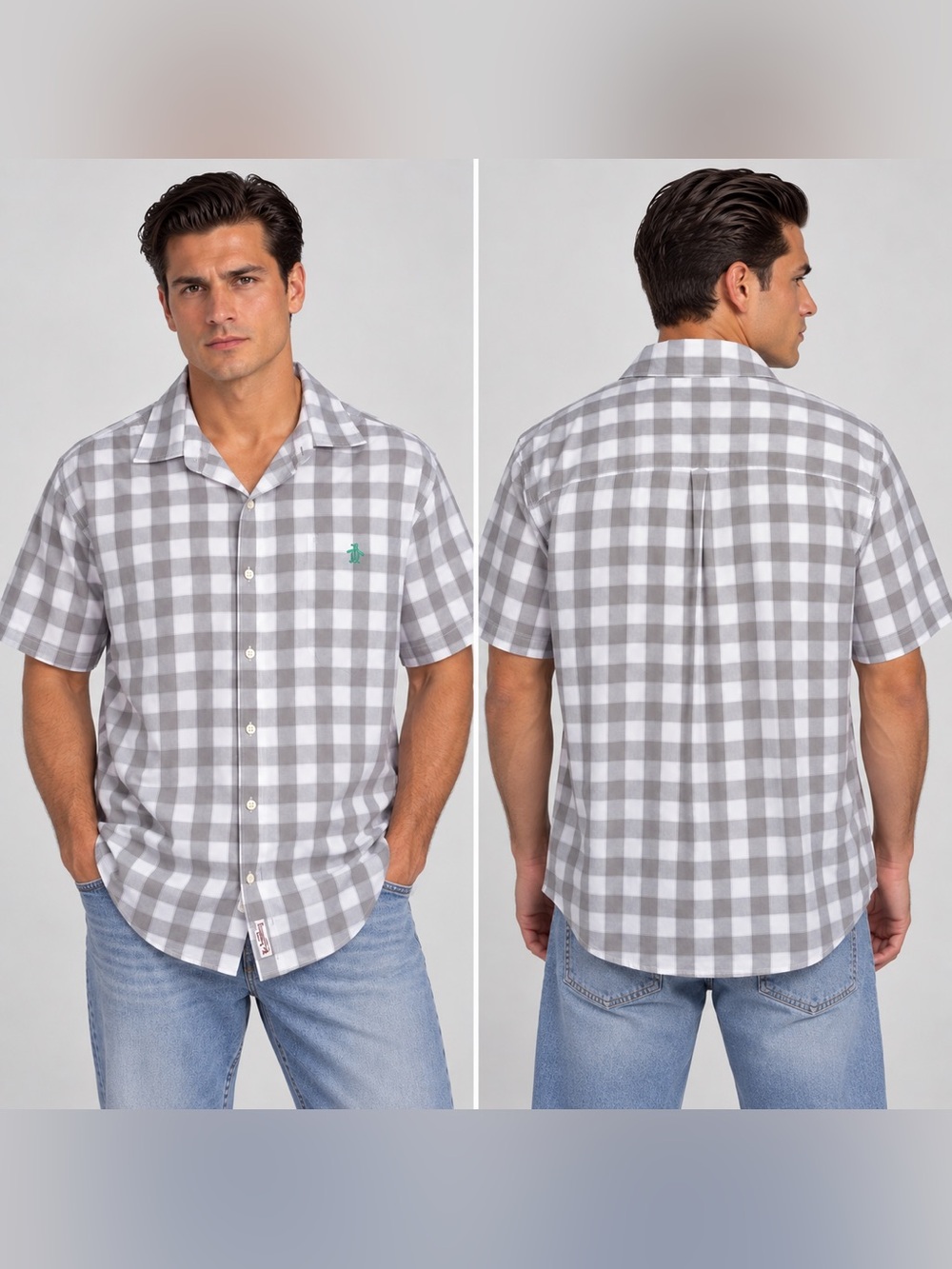 XXL Original Penguin Gray and White Gingham Short-Sleeve Button-Down Shirt